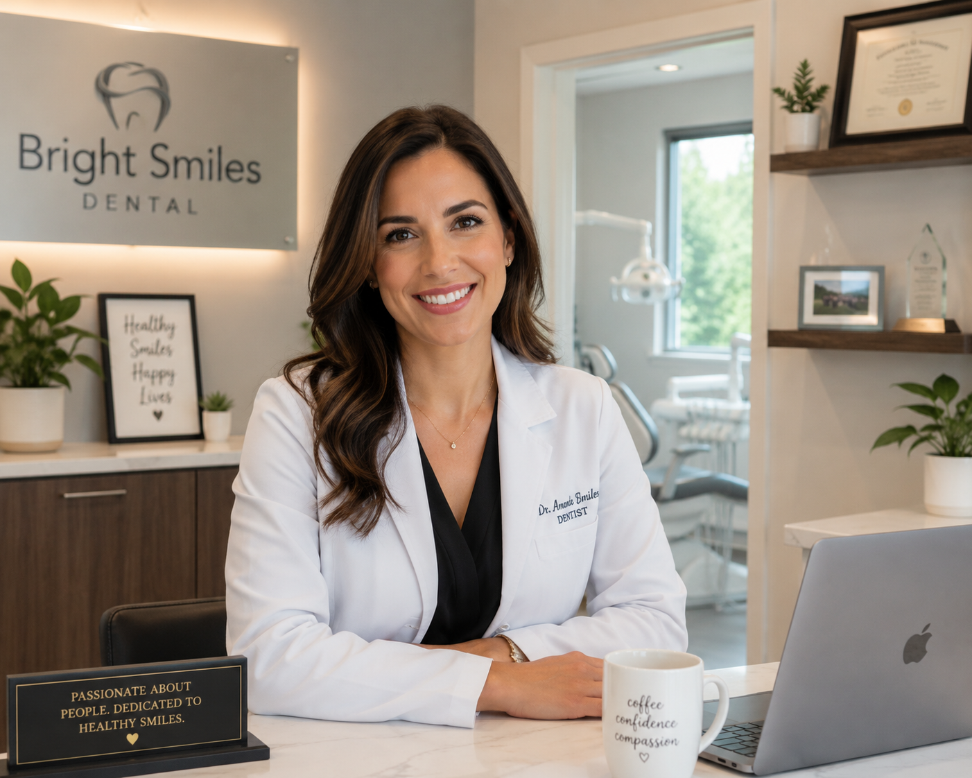 A dentist at her clinic reception desk