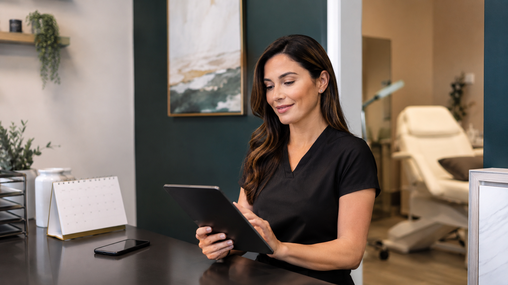 A clinic receptionist managing bookings on a tablet